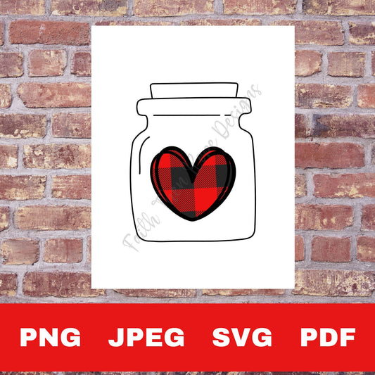 Mason Jar Buffalo Plaid Heart - Digital Files PNG  JPEG  SVG