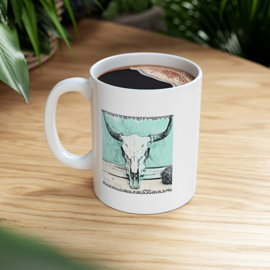 Turquoise Cow Skull Mug, Southwestern Mug, Rustic Mug, Gift for Her, Gift for Him, Ceramic Mug 11oz