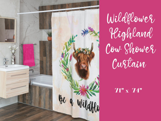 Highland Cow and Wildflowers Shower Curtain - Rustic Farmhouse Bathroom Decor