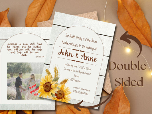 Lovely Customizable Sunflower Wedding Invitation Template, Beautiful Fall Themed Wedding Invitation Template, Shiplap Photo Spot Design