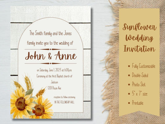 Lovely Customizable Sunflower Wedding Invitation Template, Beautiful Fall Themed Wedding Invitation Template, Shiplap Photo Spot Design