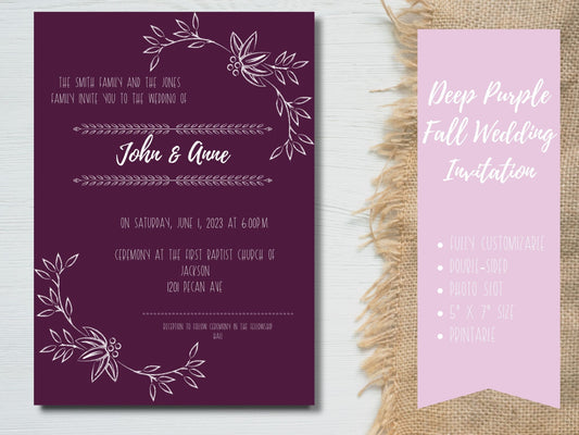 Fall Bliss: Customizable Wedding Invitation in Deep Purple, White Inscription, and Photo Slot for Fall Themed Wedding
