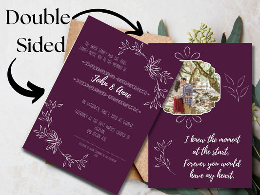 Fall Bliss: Customizable Wedding Invitation in Deep Purple, White Inscription, and Photo Slot for Fall Themed Wedding