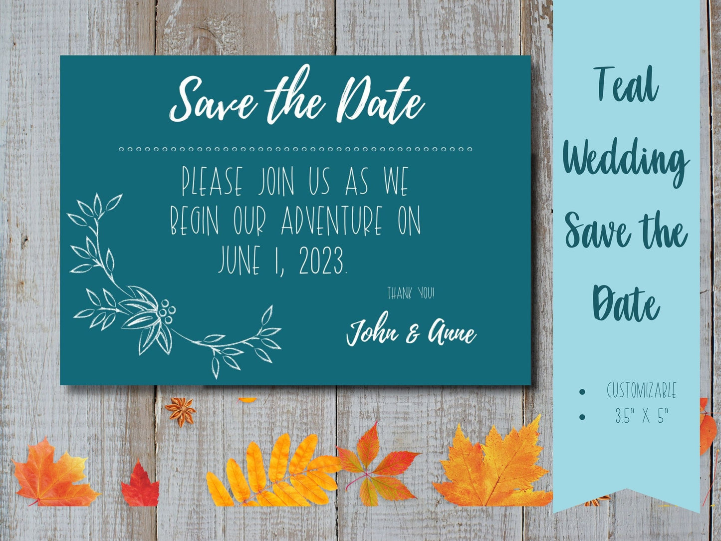 Beautiful Teal Wedding Save the Date Card in Jewel Tones- Customizable Fall Themed Wedding Save The Date