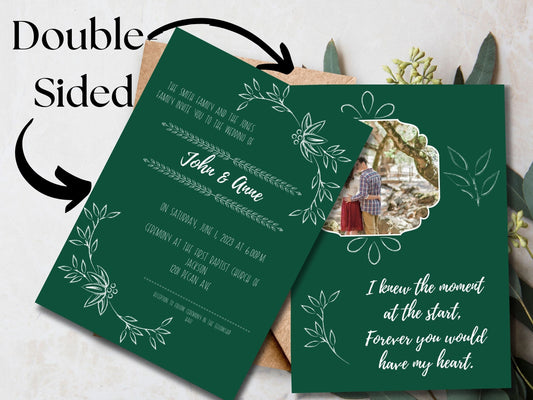 Customizable Wedding Invitation for Fall Themed Wedding | Jewel Tone Emerald with White Inscription and Photo Slot