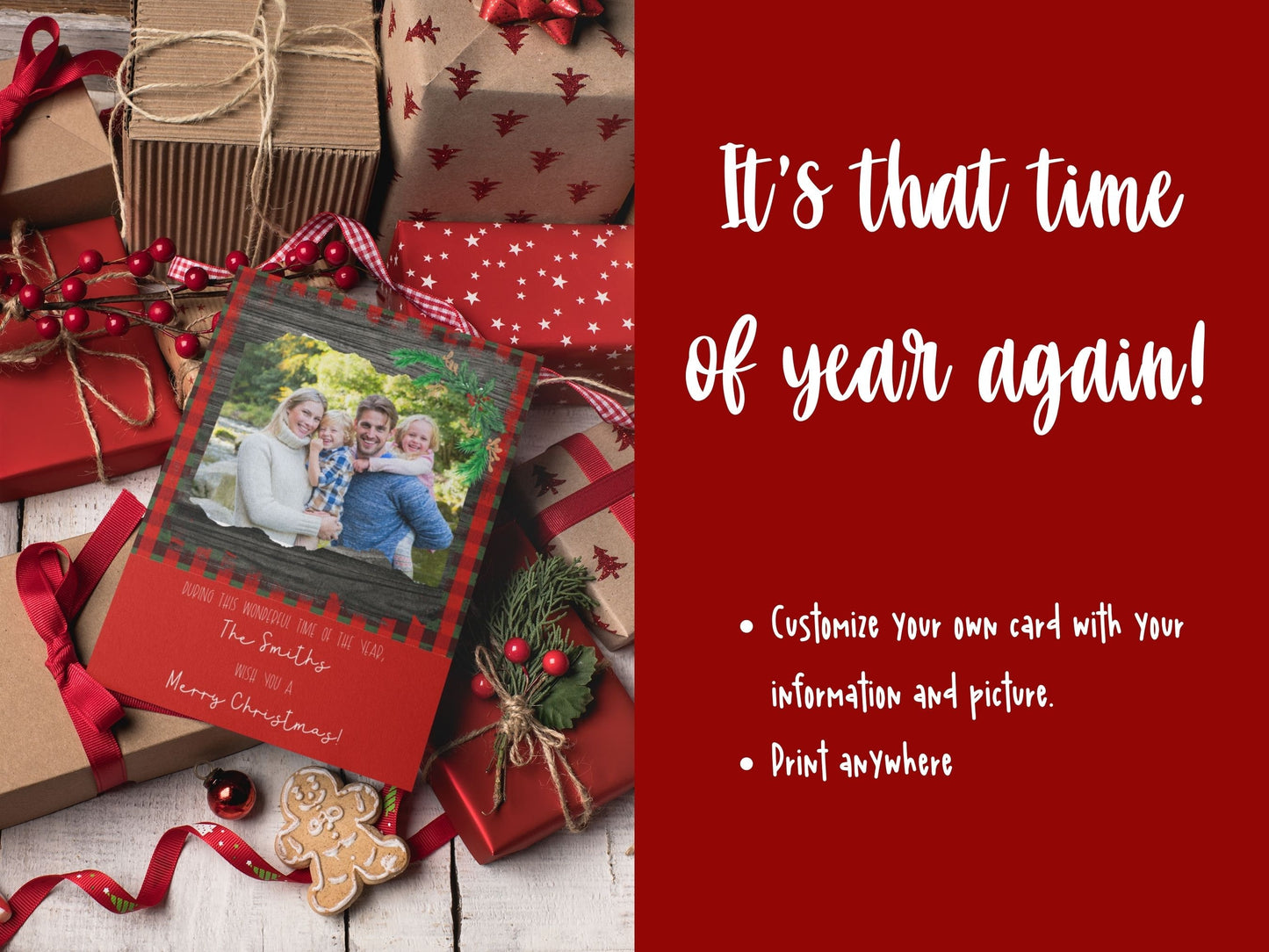 Customizable Plaid Rustic Wood Christmas Card, Double-Sided,Year in Review Christmas card, Photo Christmas Card Template