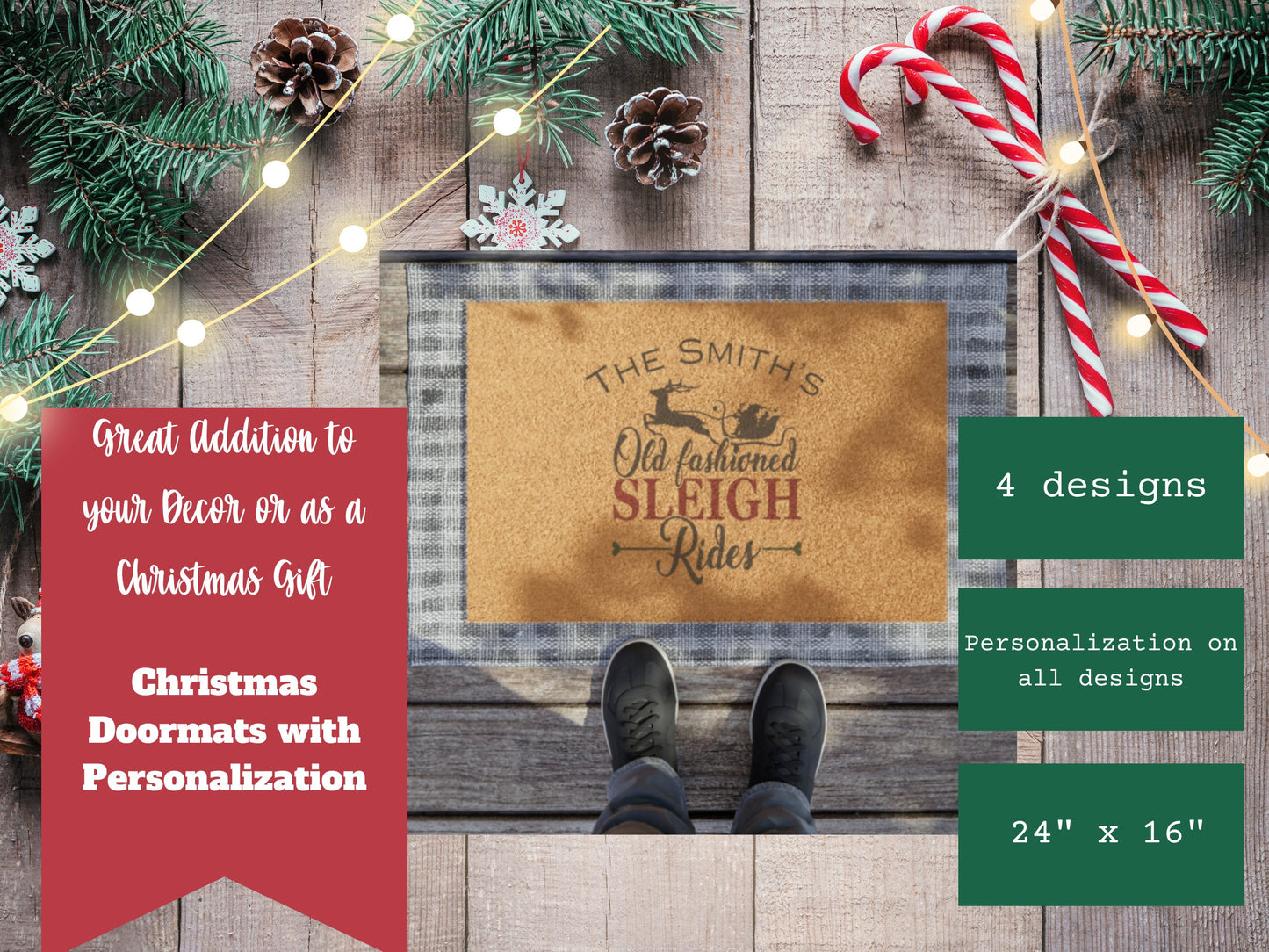 Christmas Doormat: Personalized Coir Mat with Vintage Car, Truck & Sleigh Designs, Custom Doormat, Merry Christmas Doormat